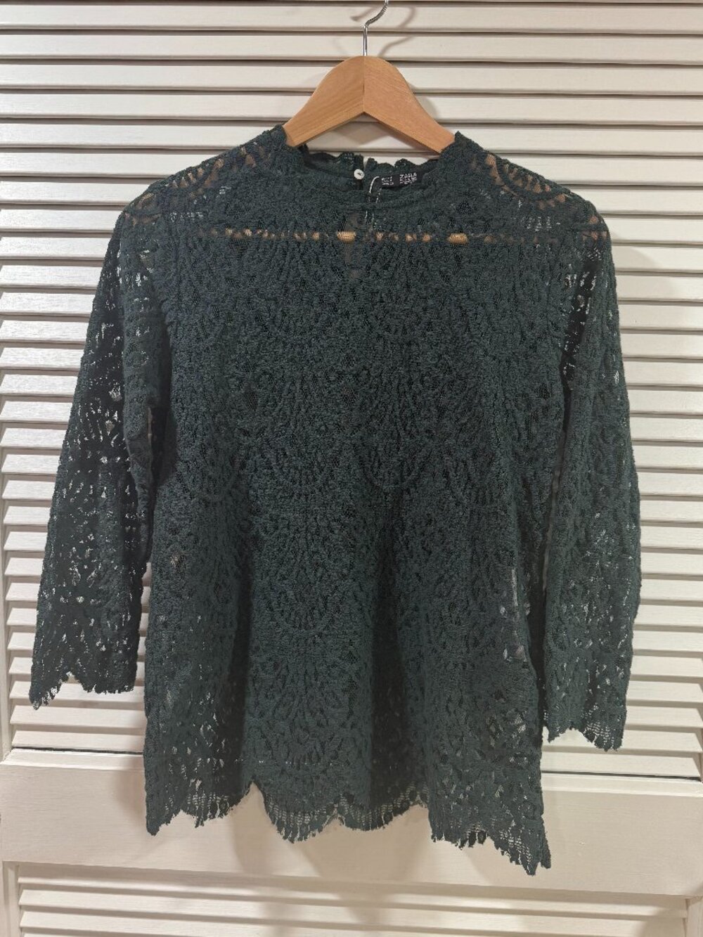 Zara Dark Green Lace Top – Size M (NWT, Scalloped Hem & Sleeves)